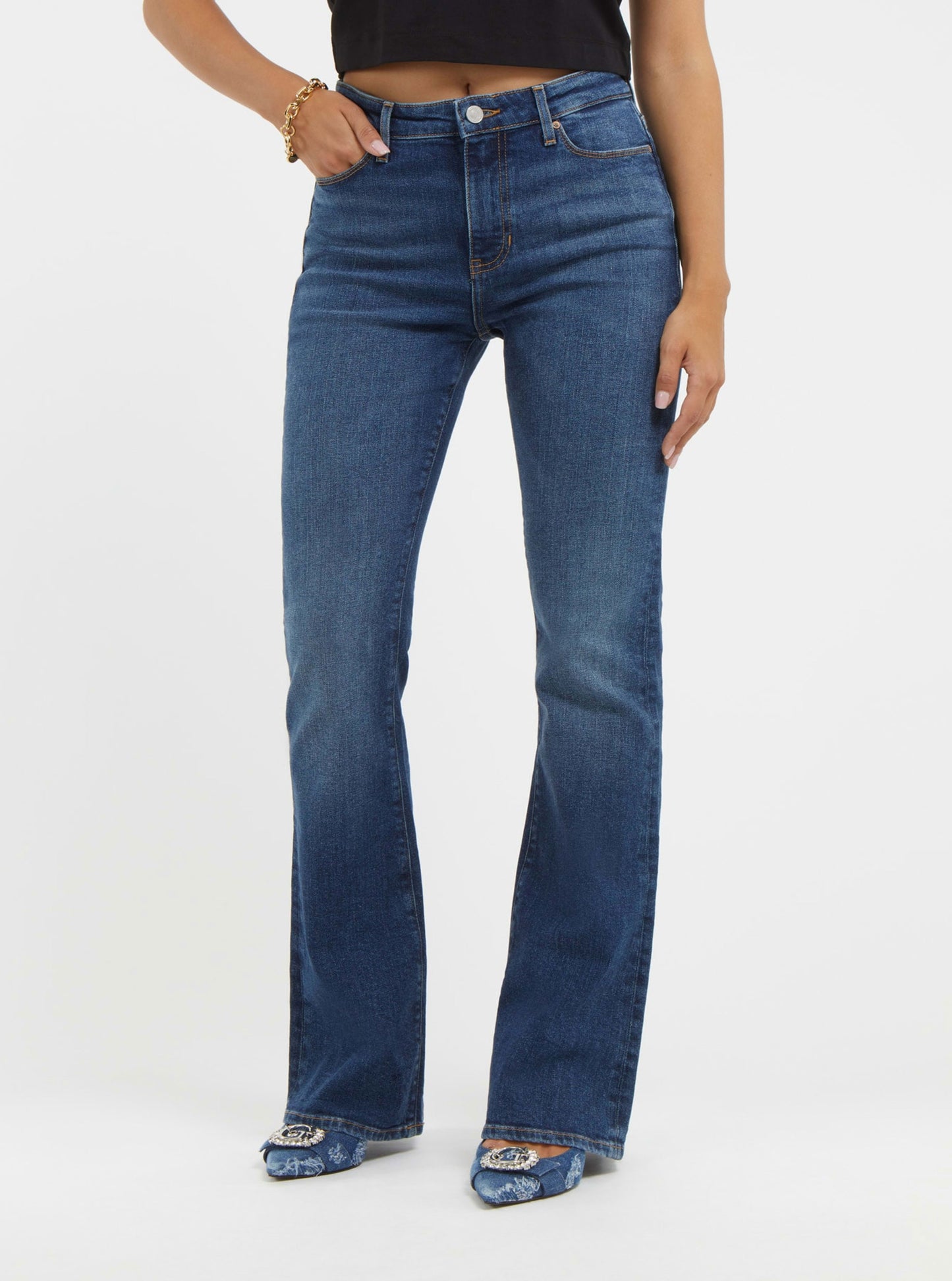 High-Rise Sexy Flare Leg Denim Jeans In Harrison Blue Wash | GUESS Women's Denim | front view