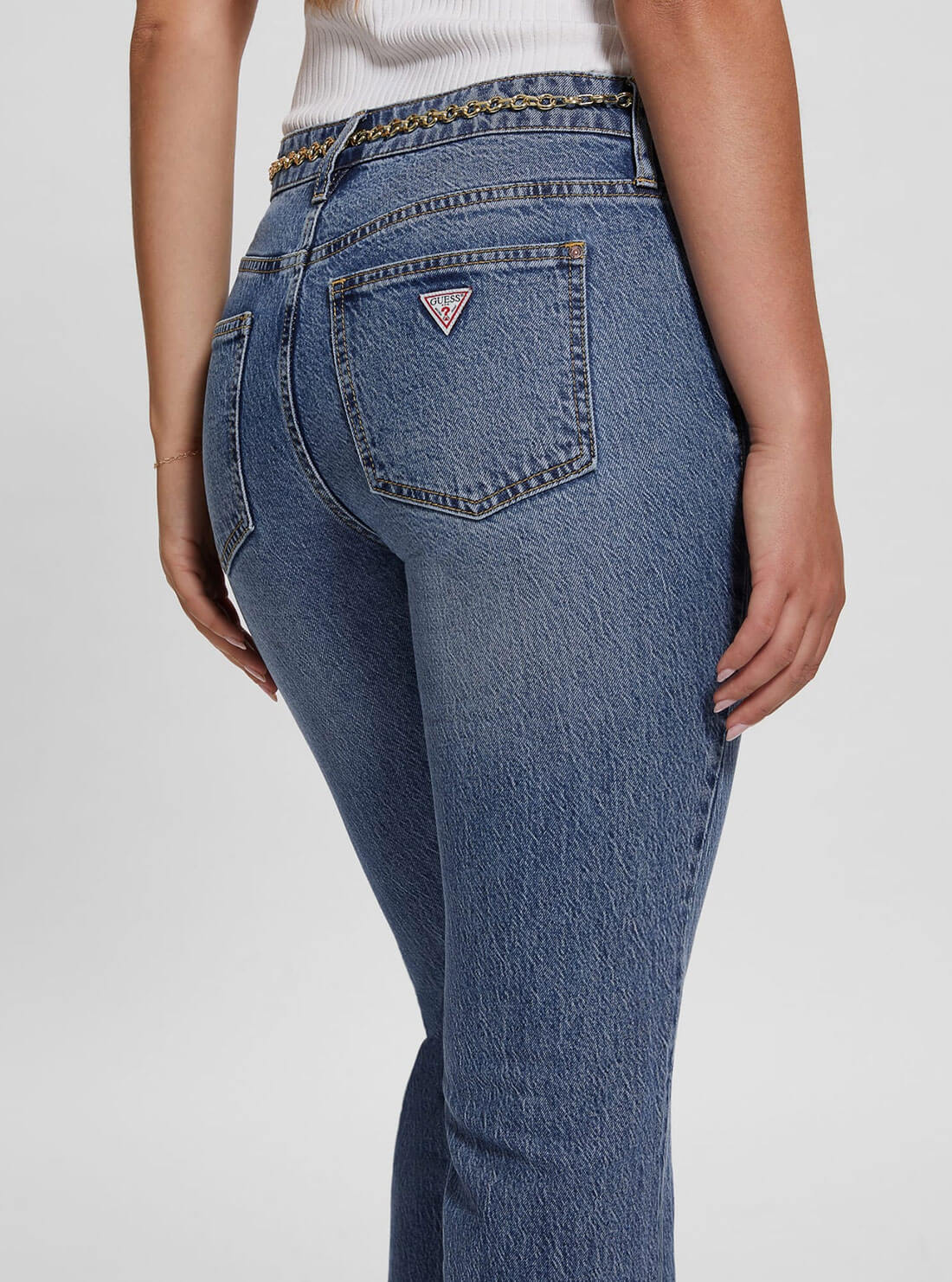 Mid-Rise G-Belt Sexy Straight Leg Denim Jeans In Lunar Blue Wash | GUESS Women's Apparel | back view detail 