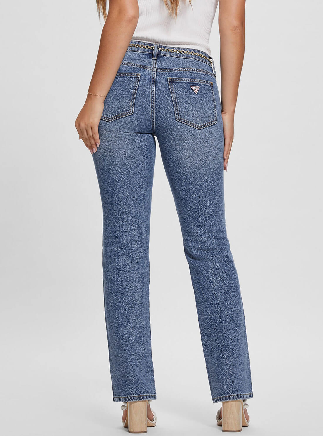 Mid-Rise G-Belt Sexy Straight Leg Denim Jeans In Lunar Blue Wash | GUESS Women's Apparel | back view