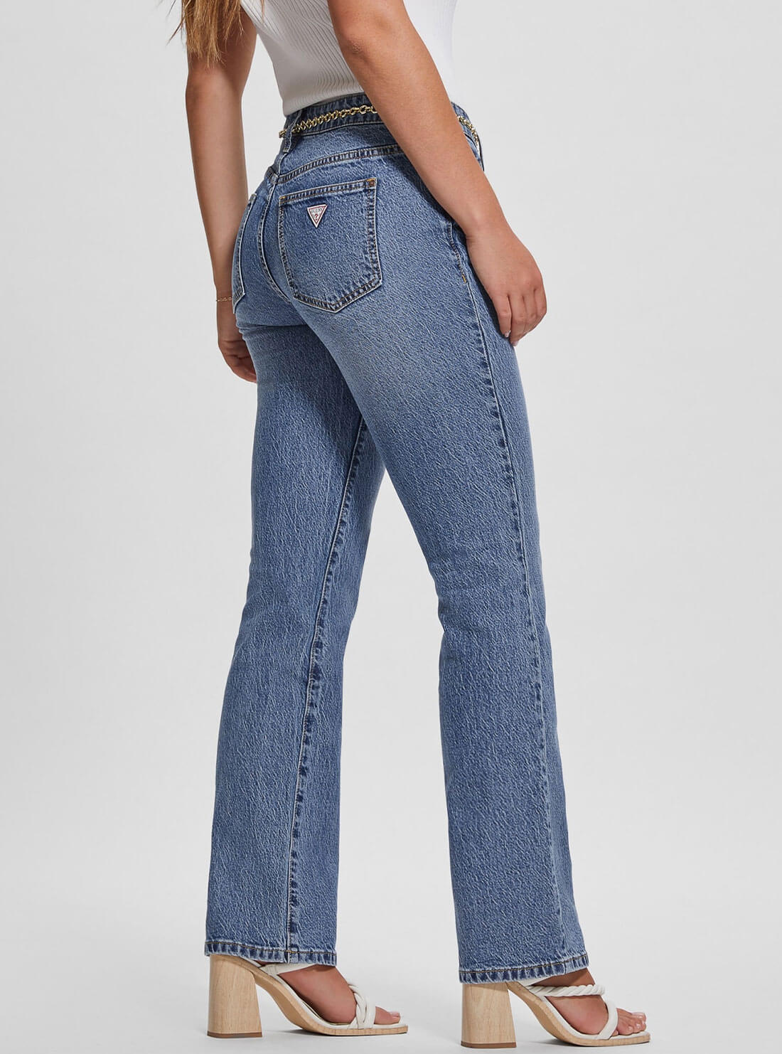 Mid-Rise G-Belt Sexy Straight Leg Denim Jeans In Lunar Blue Wash | GUESS Women's Apparel | side view