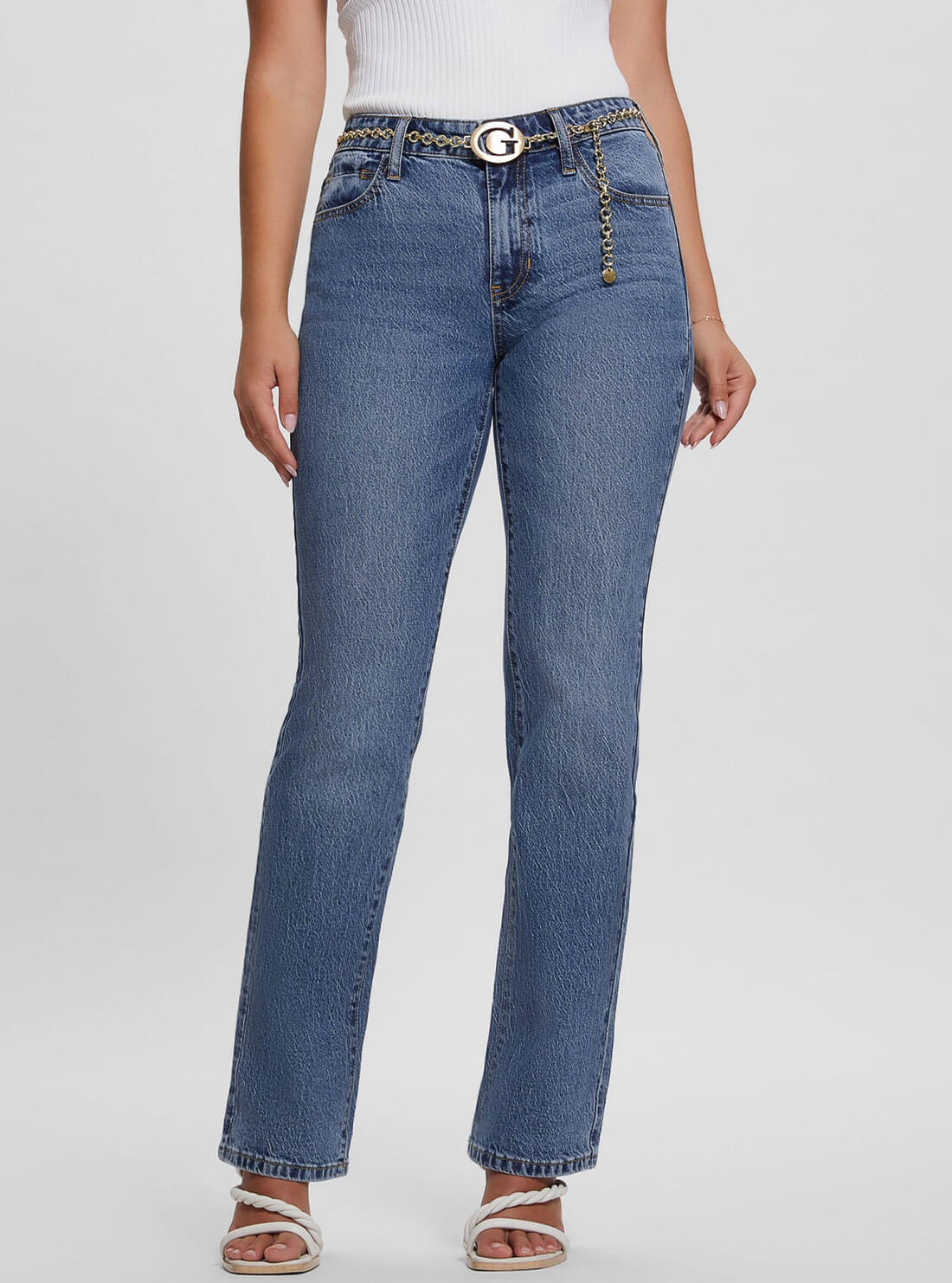 Mid-Rise G-Belt Sexy Straight Leg Denim Jeans In Lunar Blue Wash | GUESS Women's Apparel | front view