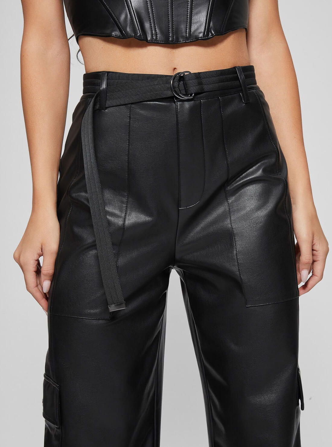 Black Gwen Leather Cargo Pants | GUESS Women's Apparel | front detail 
