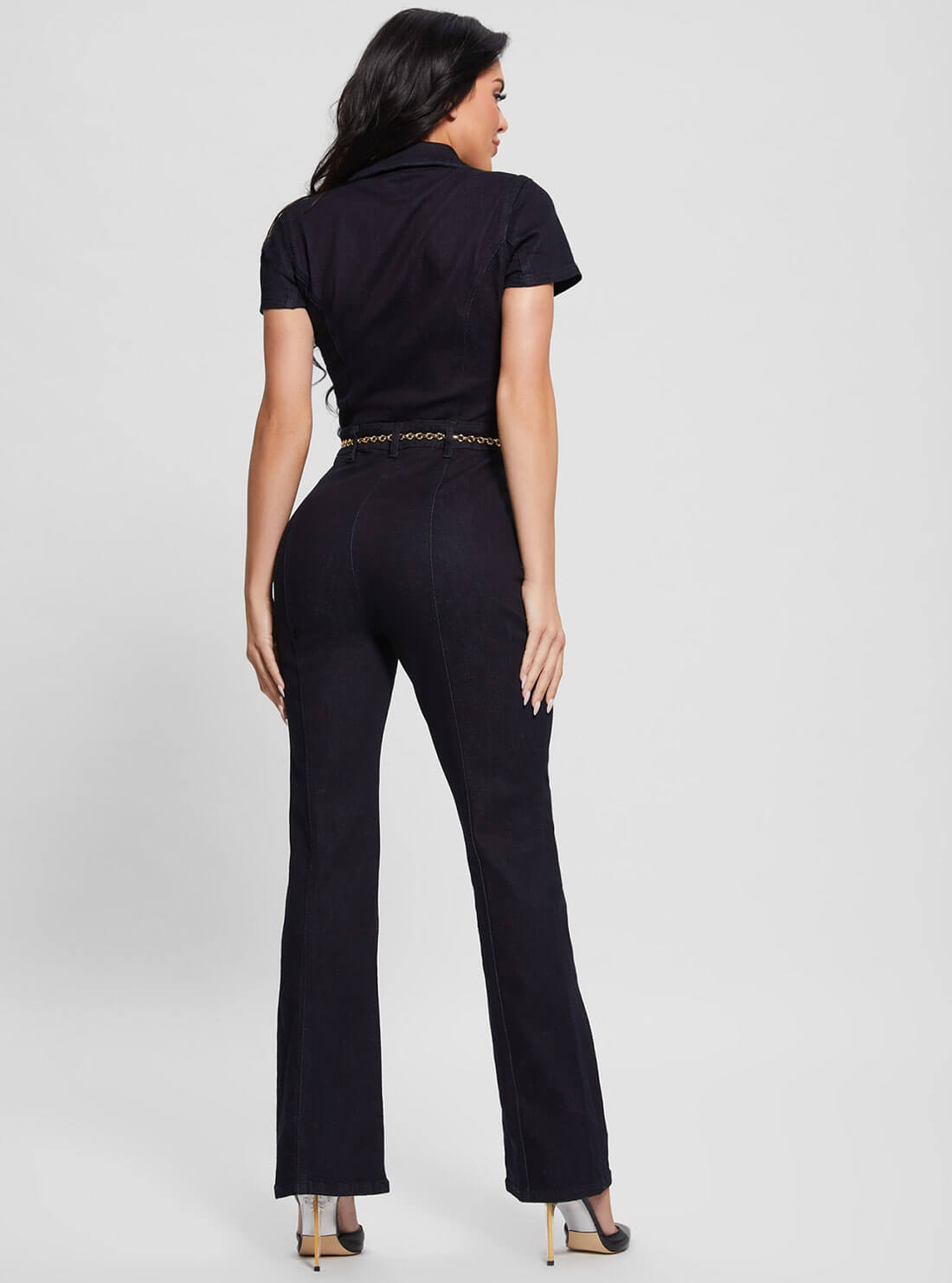 Dark Blue Ember Flare Denim Jumpsuit In Le Clique Wash | GUESS Women's Apparel | back view