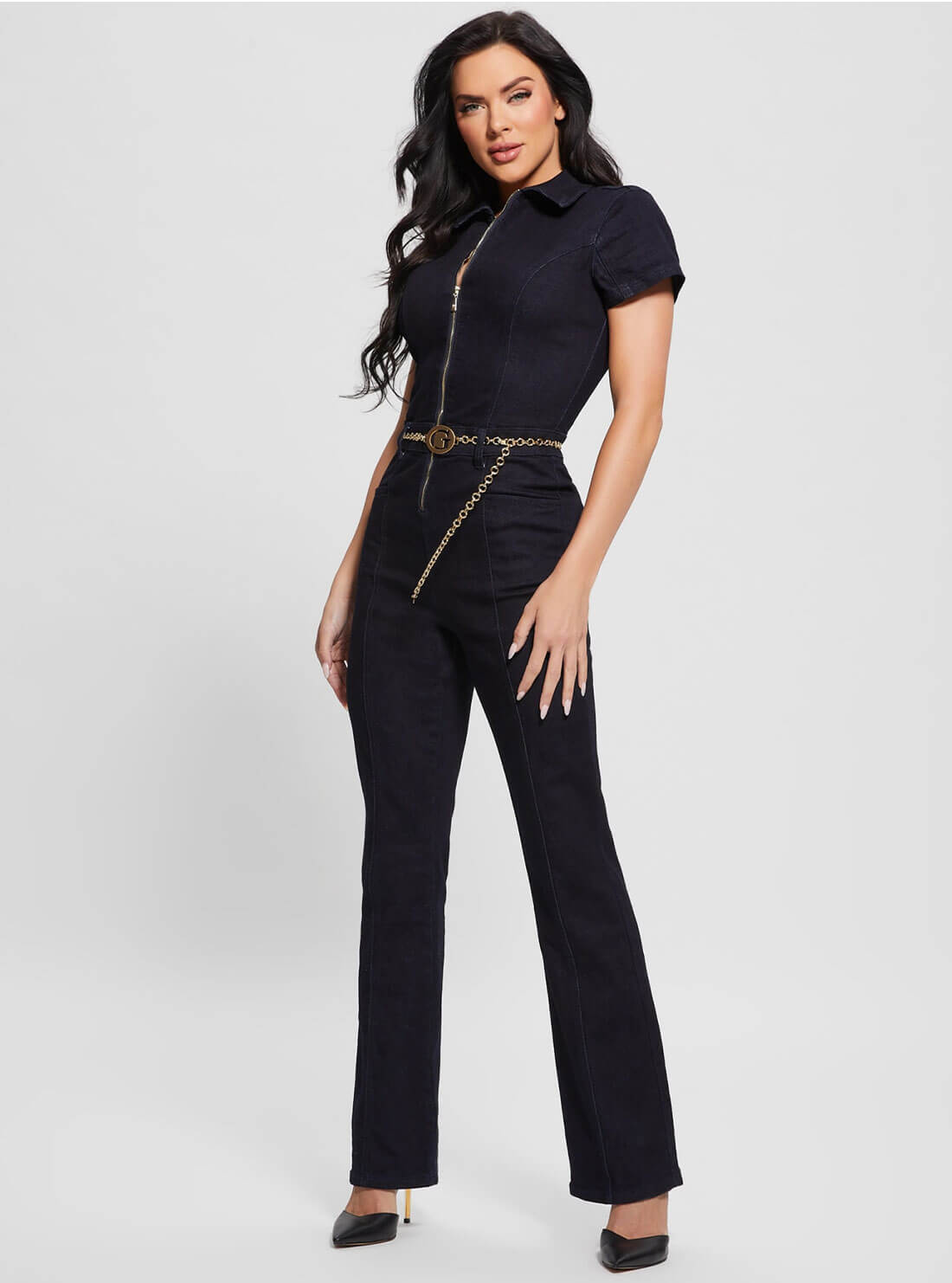 Dark Blue Ember Flare Denim Jumpsuit In Le Clique Wash | GUESS Women's Apparel | full view