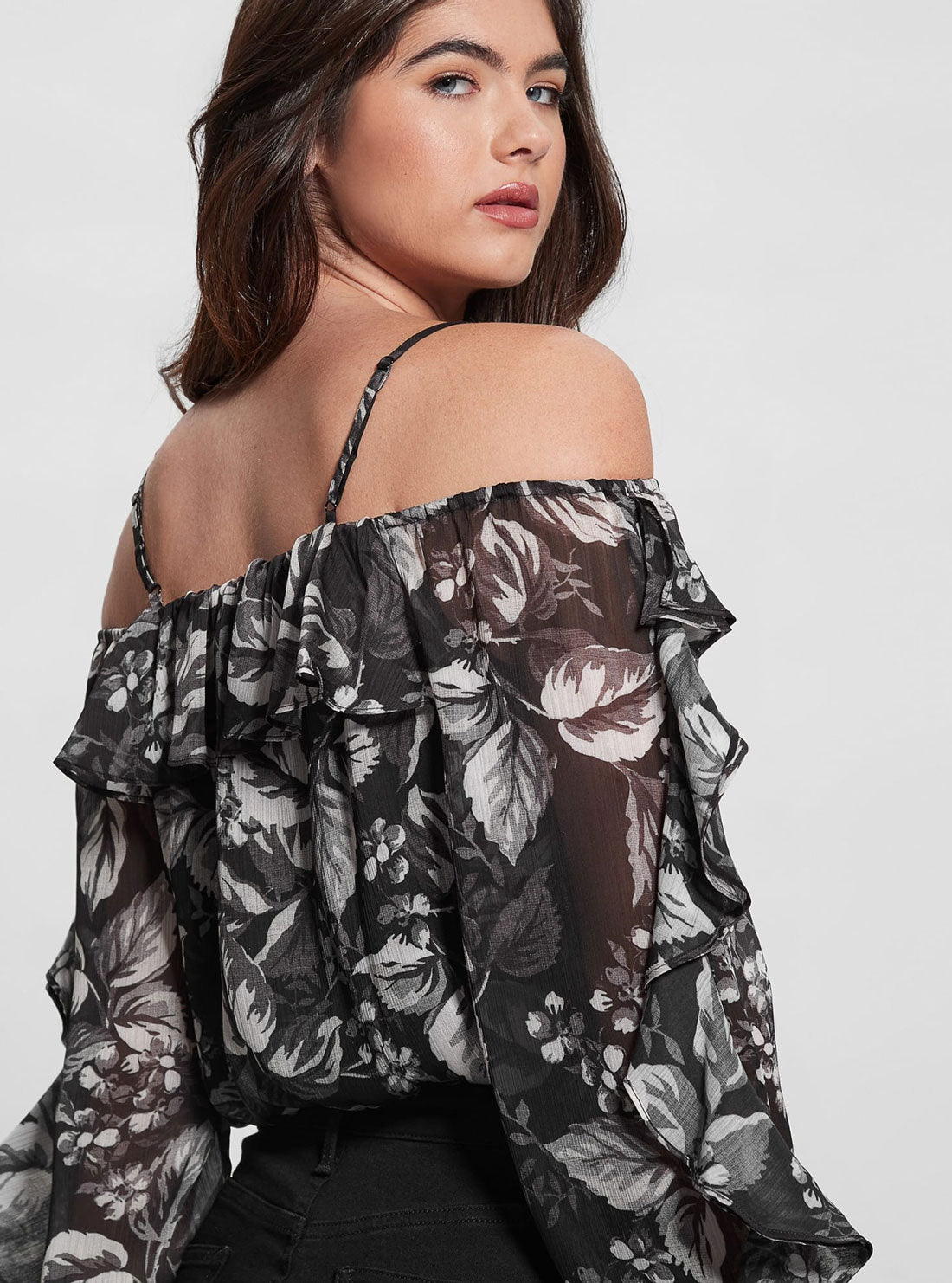 Black Floral Iggy Top | GUESS Women's Apparel | back detail view