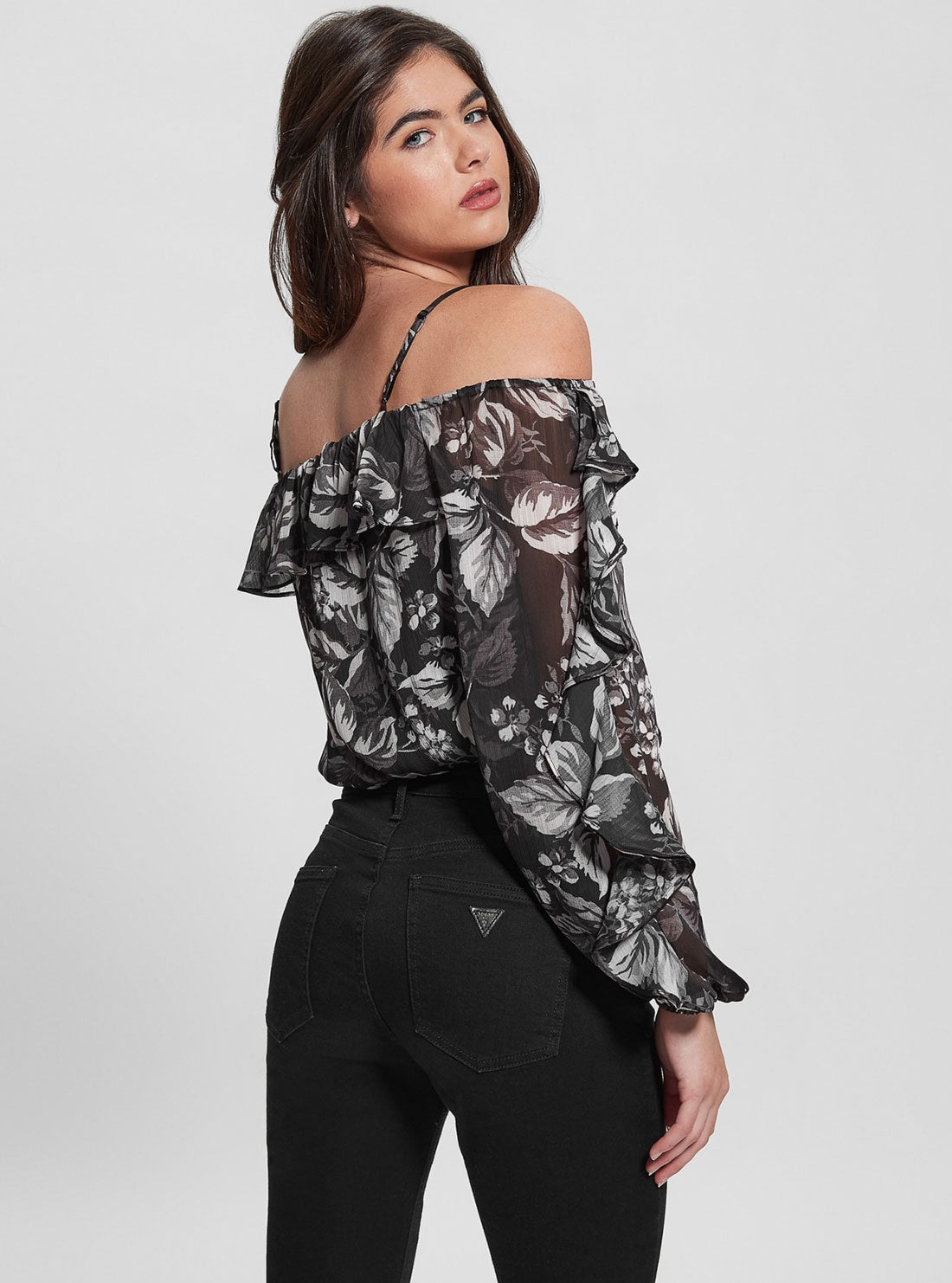Black Floral Iggy Top | GUESS Women's Apparel | back view