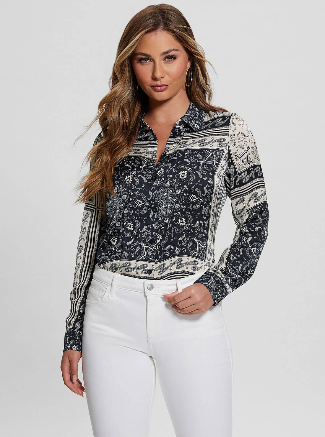 Blue and White Georgie Bandana Print Shirt | GUESS Women's Apparel | front view