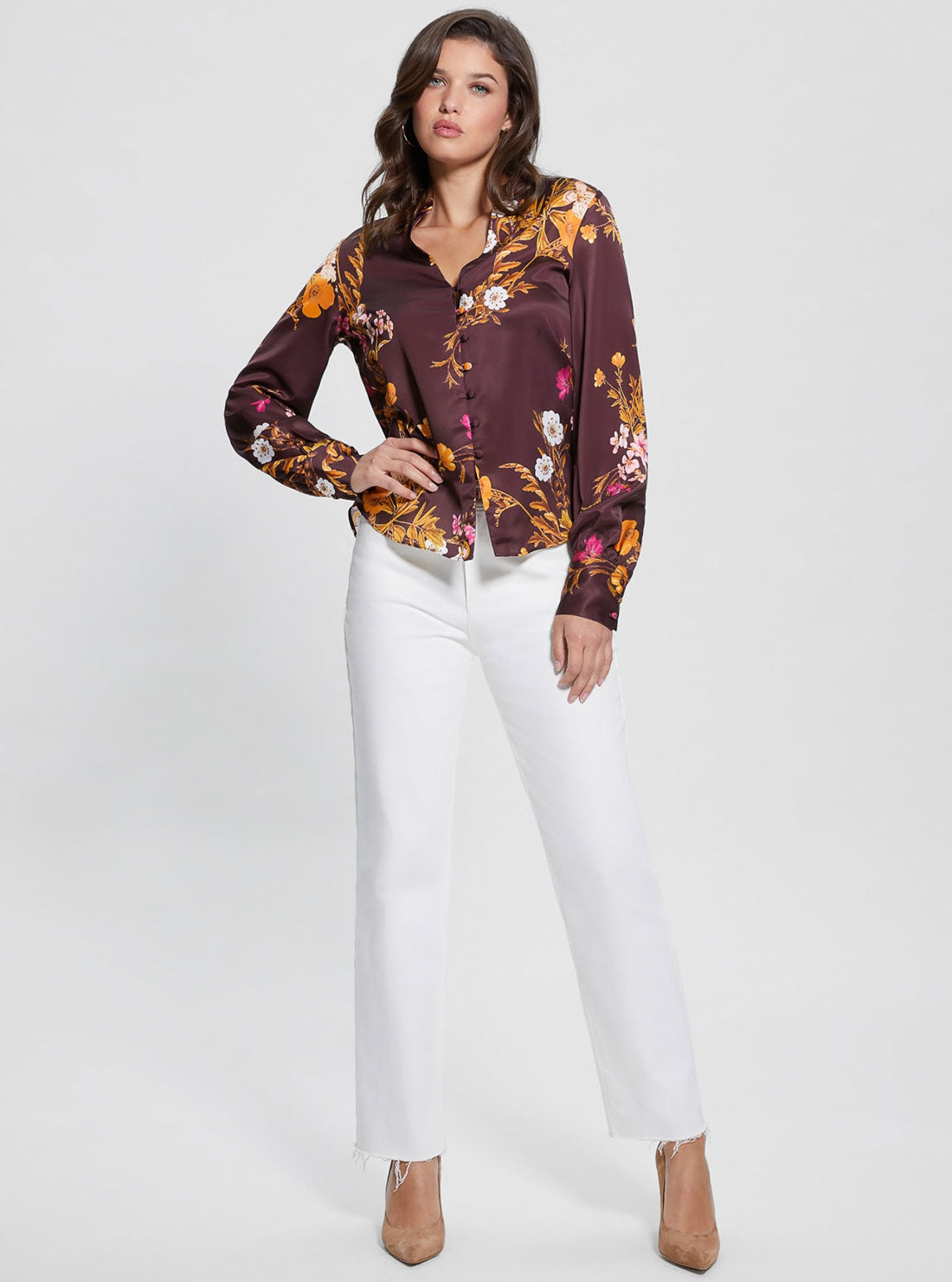 Eco Maroon Floral Print Rita Satin Shirt | GUESS Women's Apparel | full view