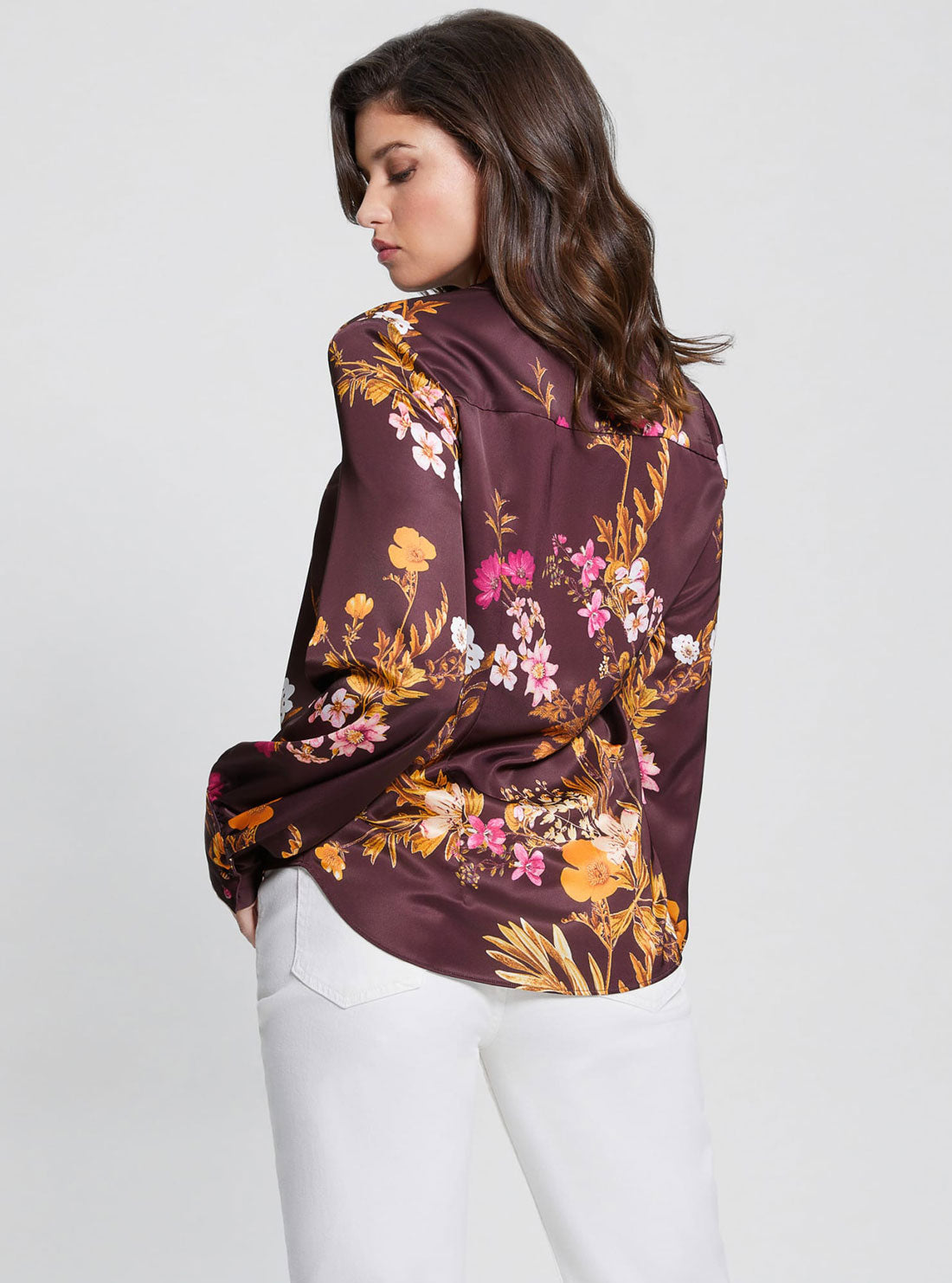 Eco Maroon Floral Print Rita Satin Shirt | GUESS Women's Apparel | back view