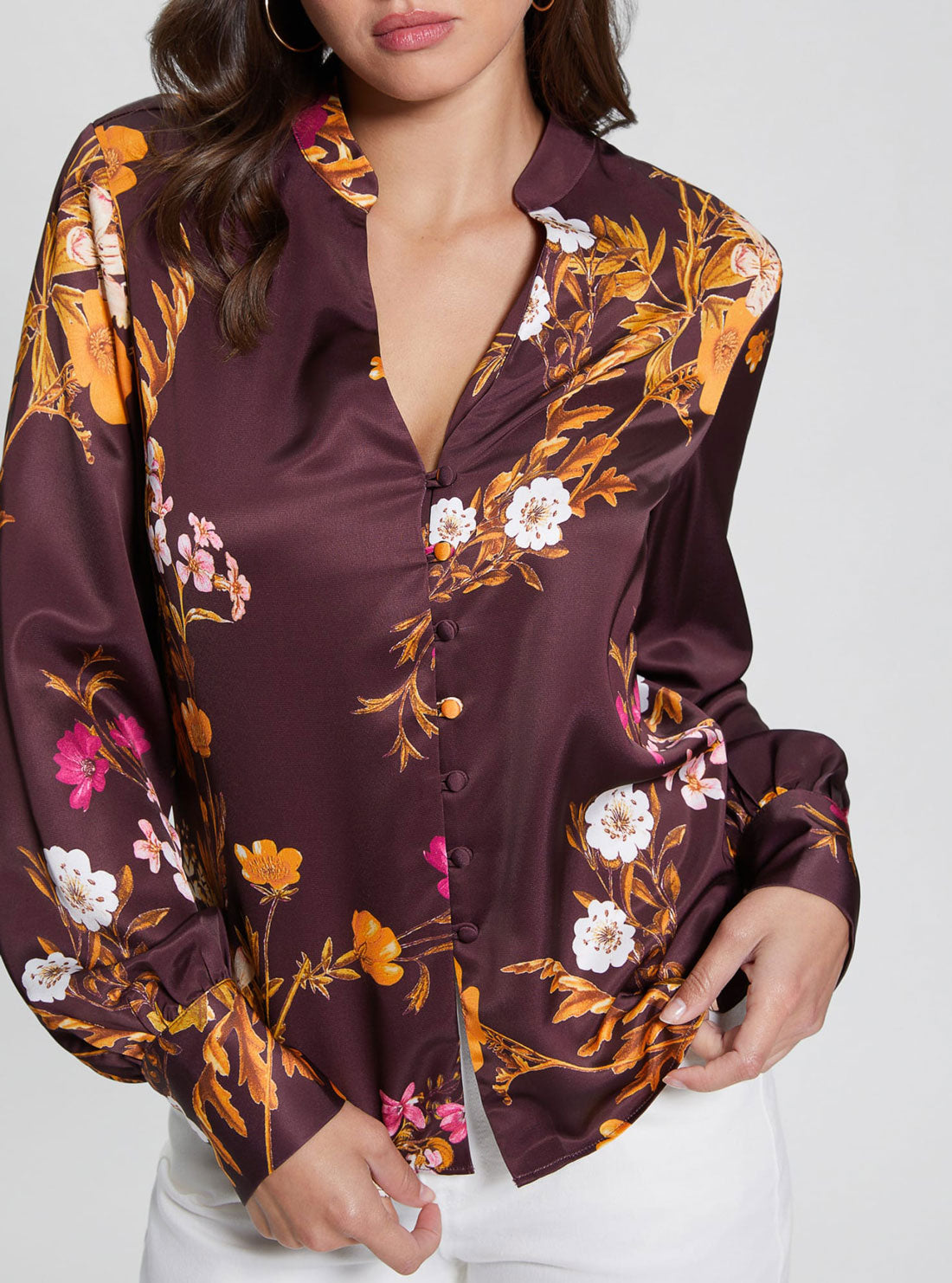 Eco Maroon Floral Print Rita Satin Shirt | GUESS Women's Apparel | detail view