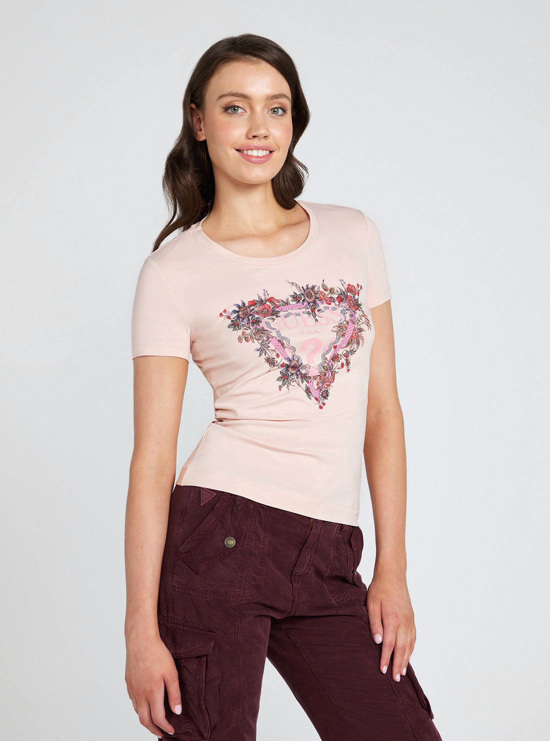 Eco Light Pink Flower Triangle Logo T-Shirt | GUESS Women's Apparel | front view