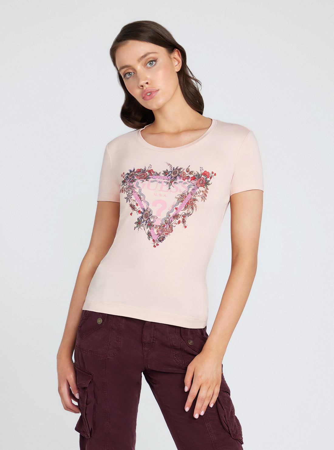 Eco Light Pink Flower Triangle Logo T-Shirt | GUESS Women's Apparel | front view alt