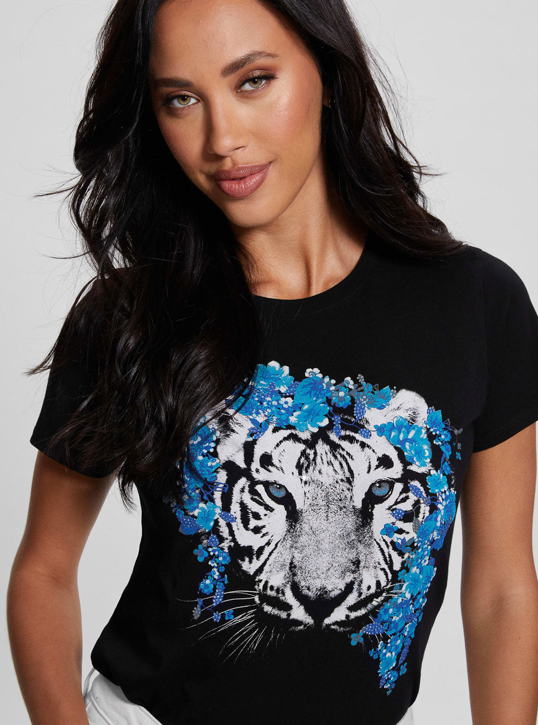Black Floral Tiger Easy T-Shirt | GUESS Women's Apparel | detail view