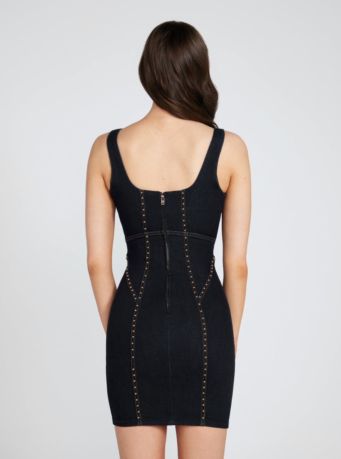 Cassie Studded Denim Mini Dress In Dark Wash | GUESS Women's Apparel | back view