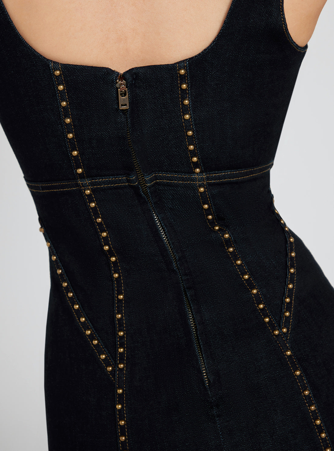Cassie Studded Denim Mini Dress In Dark Wash | GUESS Women's Apparel | back detail view