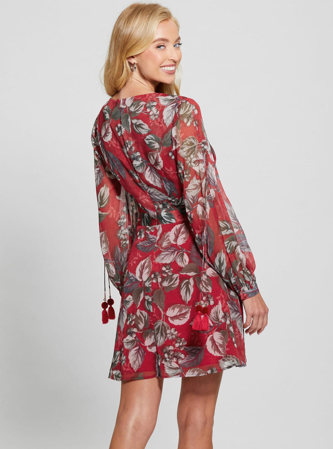 Red Floral Farrah Multi Dress | GUESS Women's Apparel | back view mini