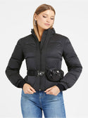GUESS Eco Black Lucia Bum Bag Puffer Jacket front view