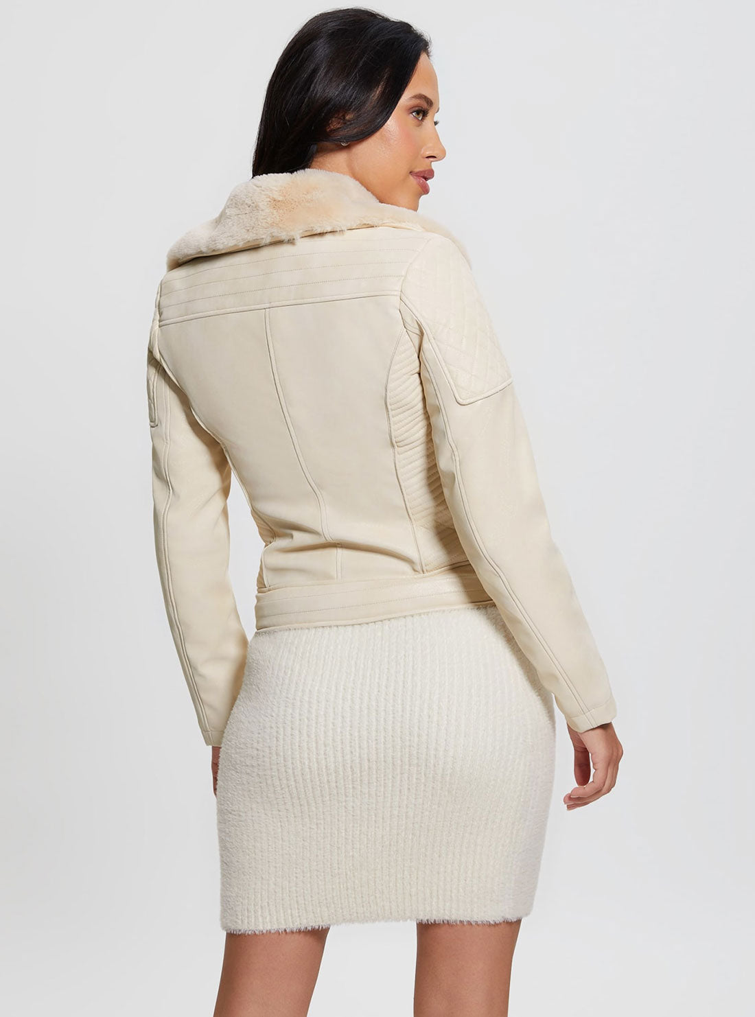 Pearl White Olivia Faux-Leather Jacket | GUESS Women's Apparel | back view