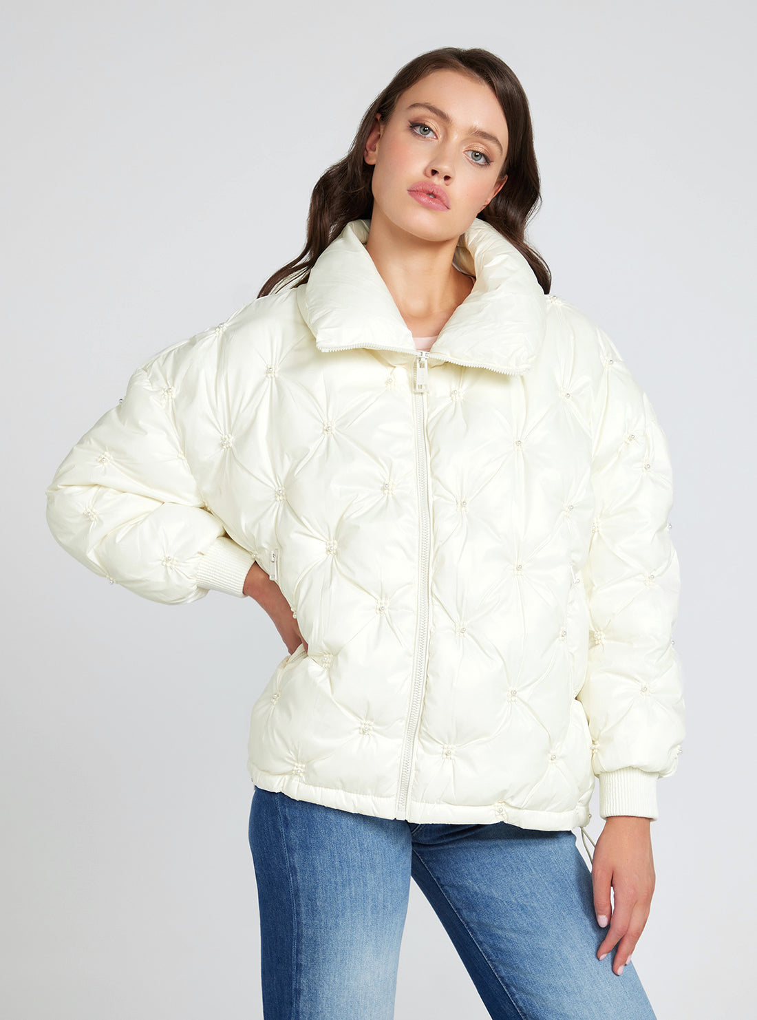 GUESS Cream White Perla Puffer Jacket front view