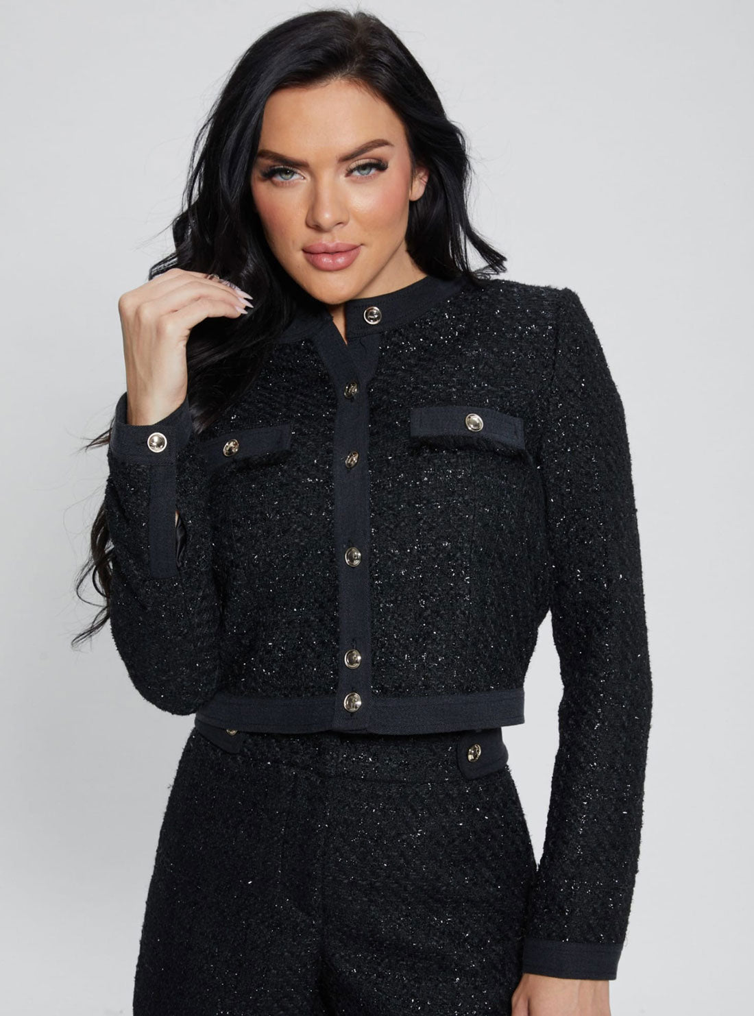 Black Clarissa Metallic Tweed Jacket | GUESS Women's Apparel | detail view