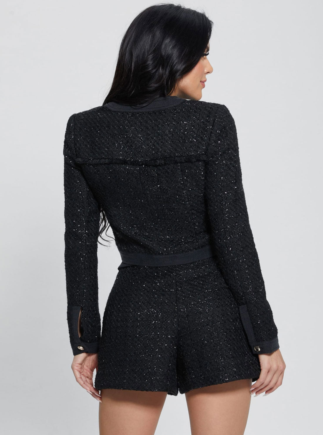 Black Clarissa Metallic Tweed Jacket | GUESS Women's Apparel | back view