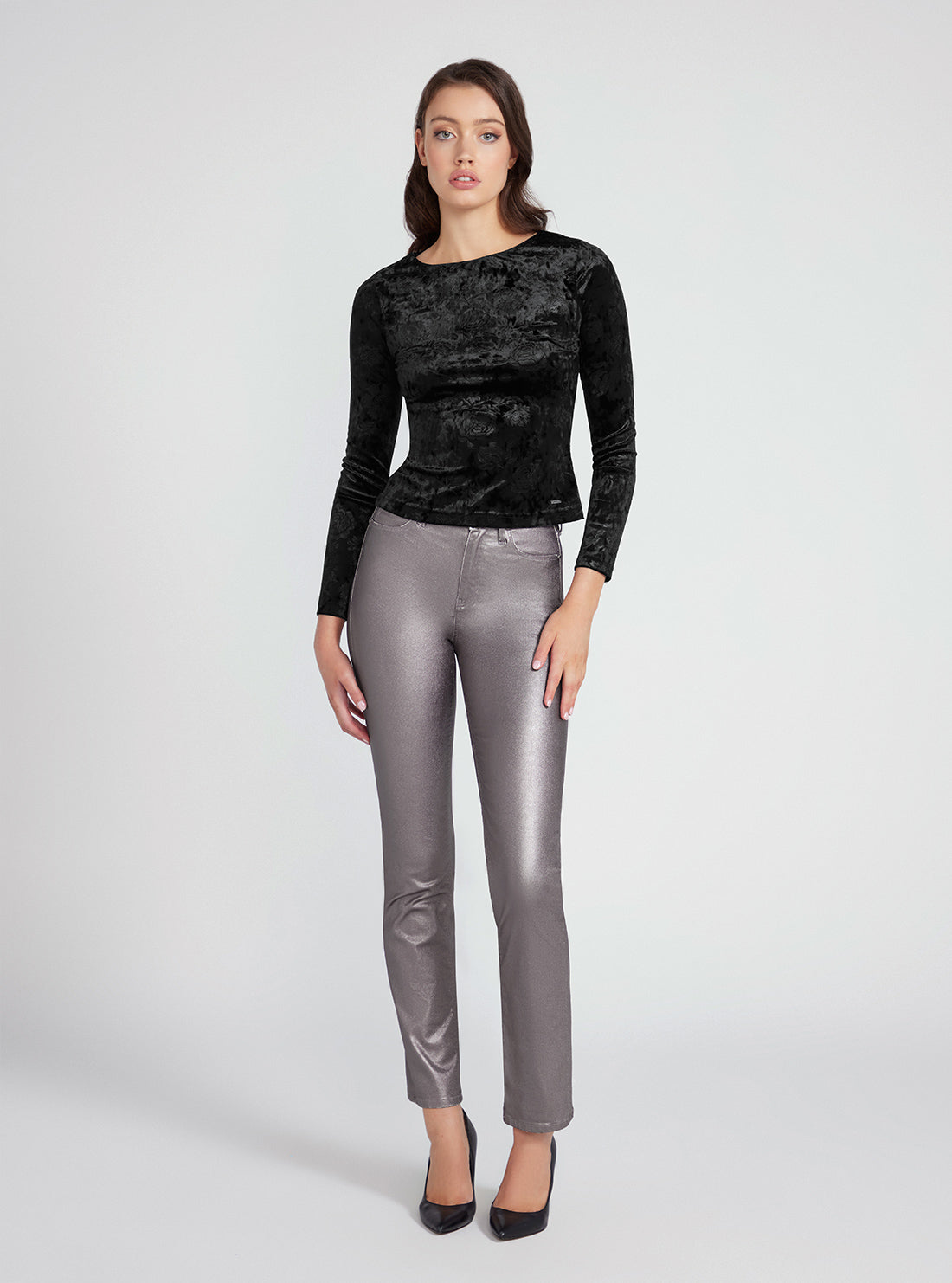 Black Aida Velvet Top | GUESS Women's Apparel | full view