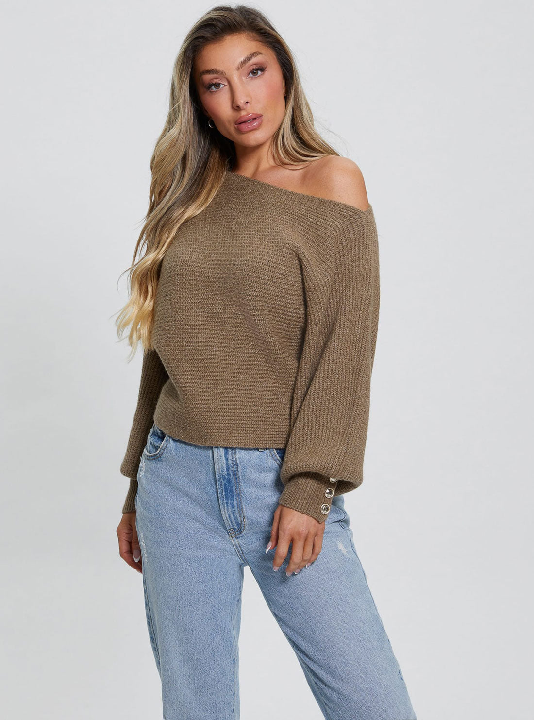 Brown Isadora Off-Shoulder Knit Top | GUESS Women's Apparel | front view