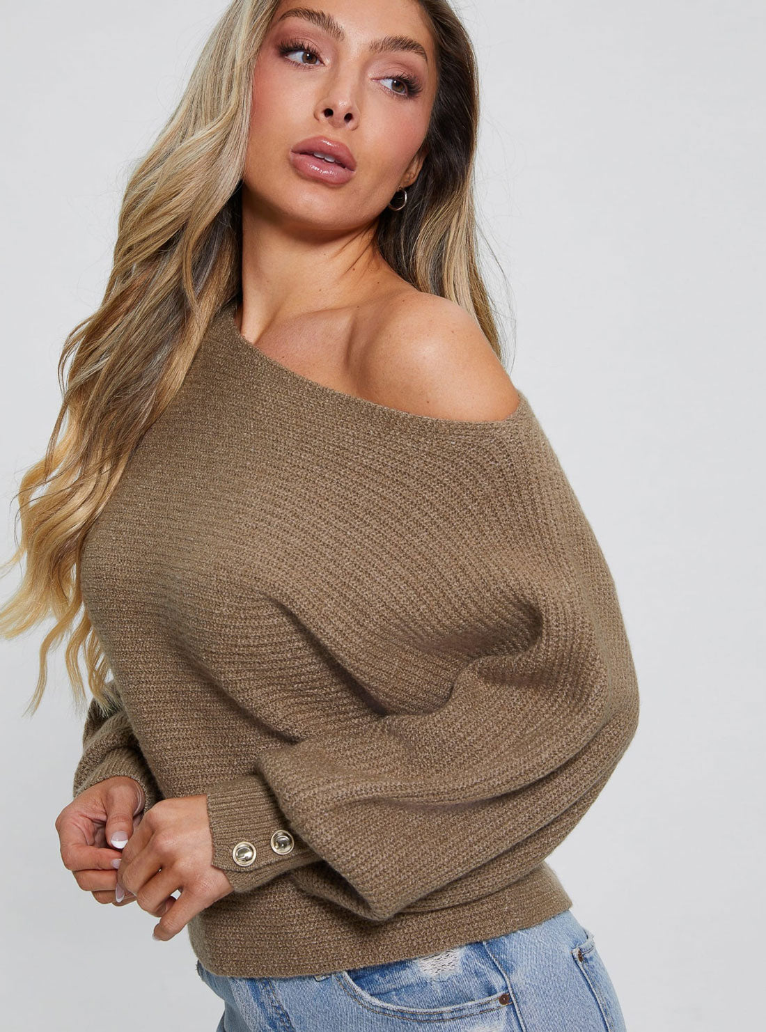 Brown Isadora Off-Shoulder Knit Top | GUESS Women's Apparel | detail view