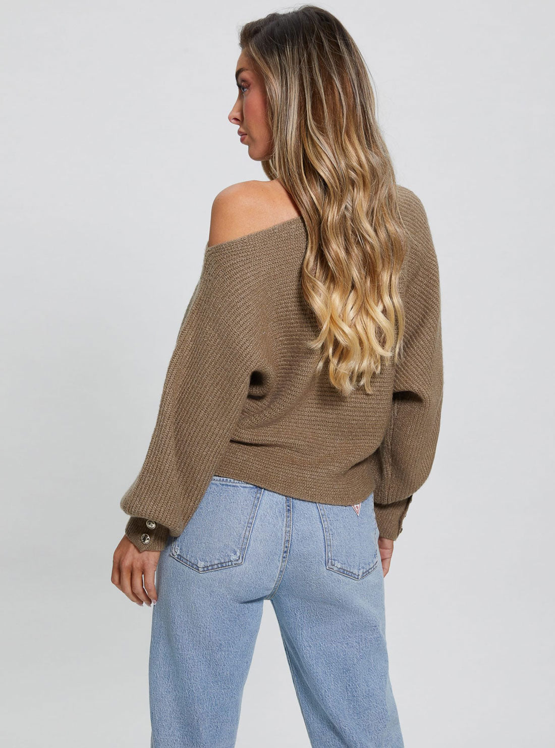 Brown Isadora Off-Shoulder Knit Top | GUESS Women's Apparel | back view