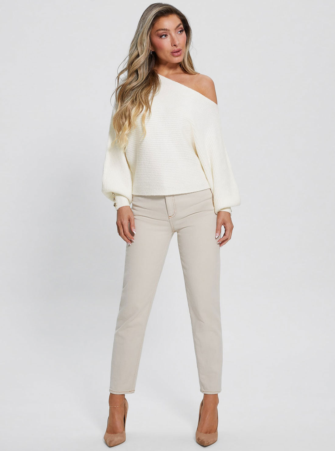 White Isadora Off-Shoulder Knit Top | GUESS Women's Apparel | full view