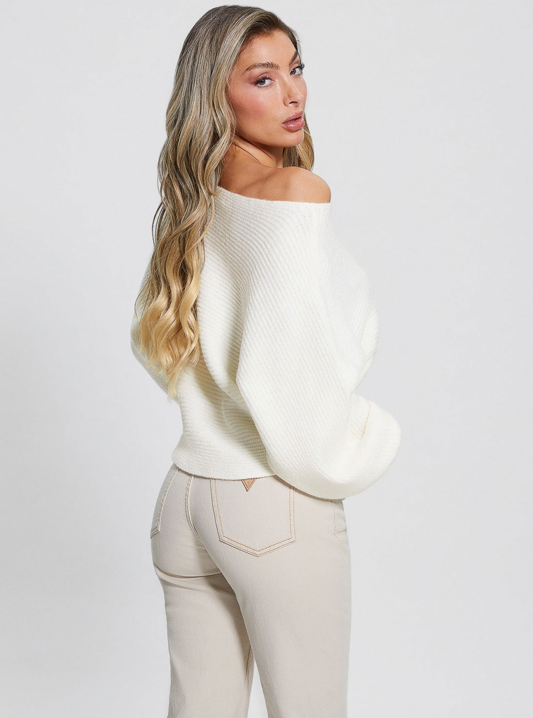 White Isadora Off-Shoulder Knit Top | GUESS Women's Apparel | back view