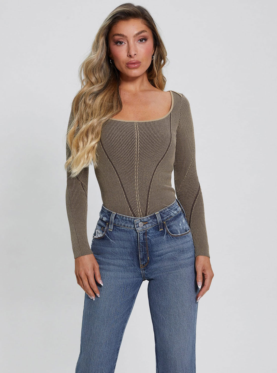 Eco Brown Blandine Knit Top | GUESS Women's Apparel | front view