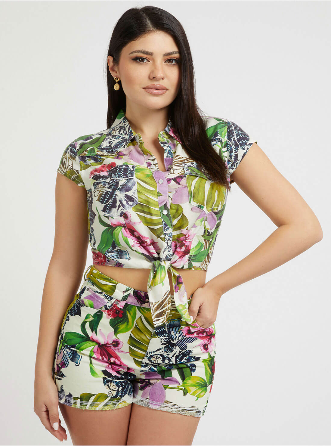 Palm Floral Front Tie Crop Top | GUESS Women's Apparel | front view