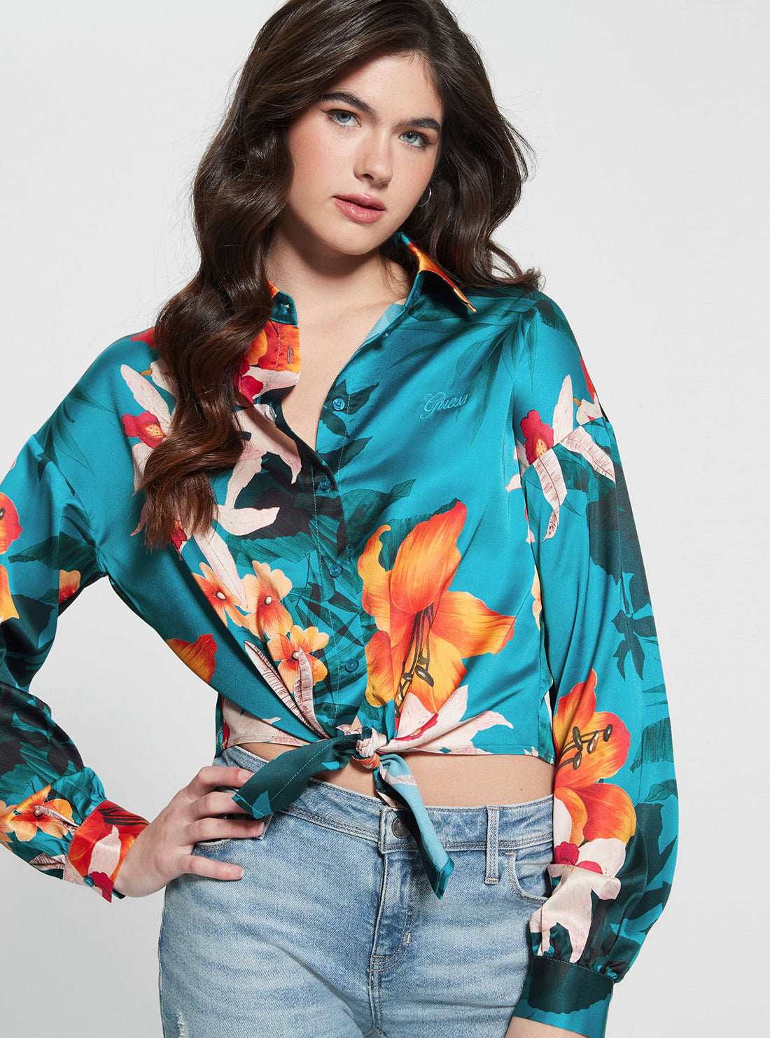 GUESS Green Floral Bowed Jun Shirt  front view