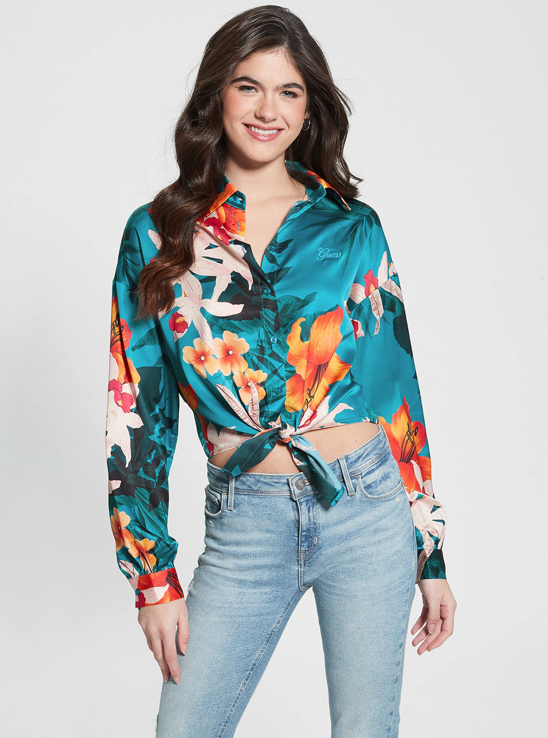 GUESS Green Floral Bowed Jun Shirt  front view