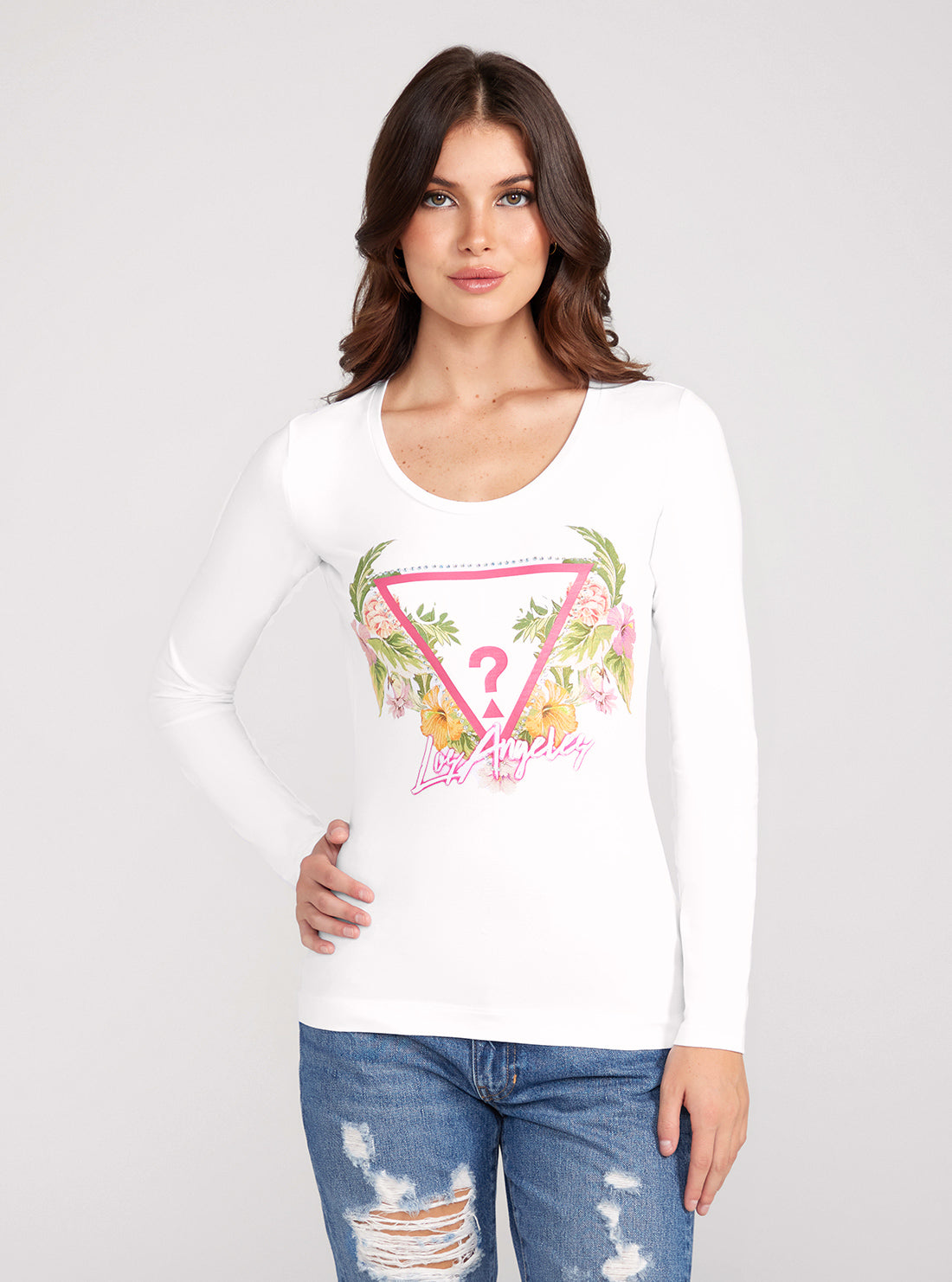 GUESS White Long Sleeve Triangle Flowers T-Shirt front view