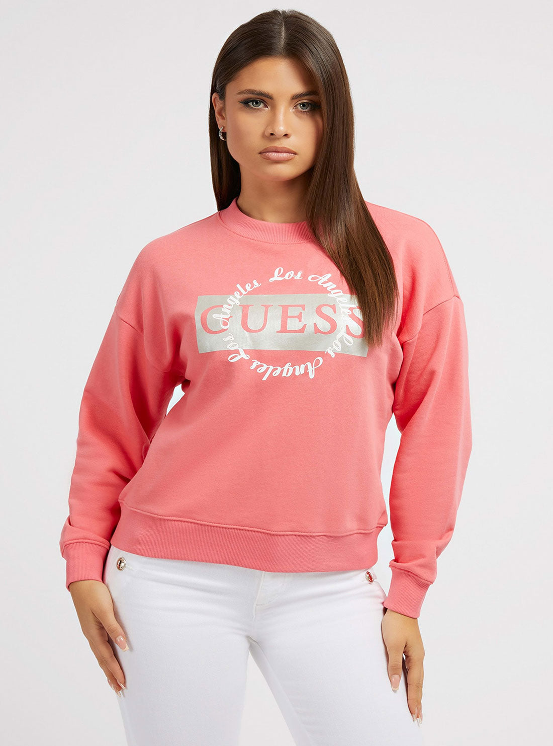 Pink Round Logo Jumper | GUESS Women's Apparel | front view