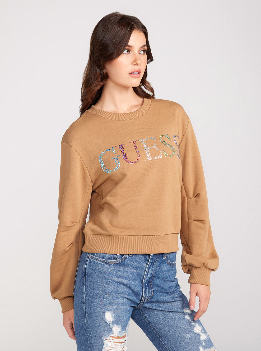GUESS Eco Brown Coloured Rhinestone Logo Jumper front view