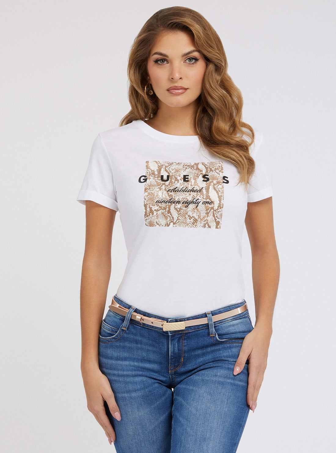 White Python Print T-Shirt | GUESS Women's Apparel | front view