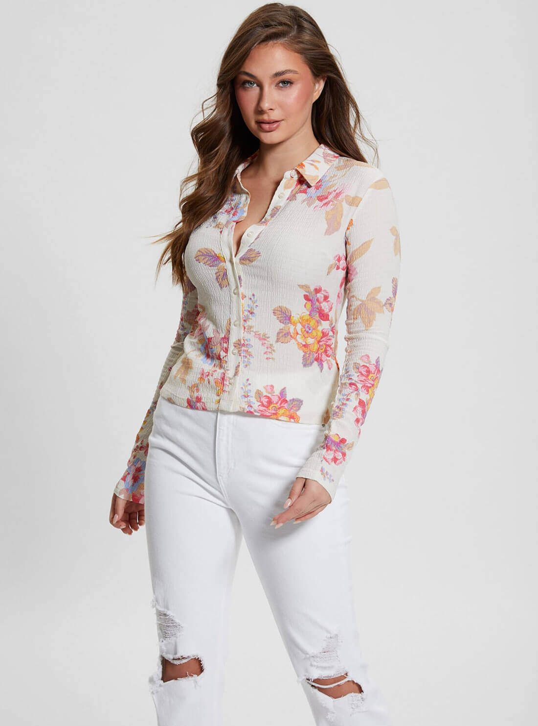 White Floral Tessa Long Sleeve Top | GUESS Women's Apparel | front view
