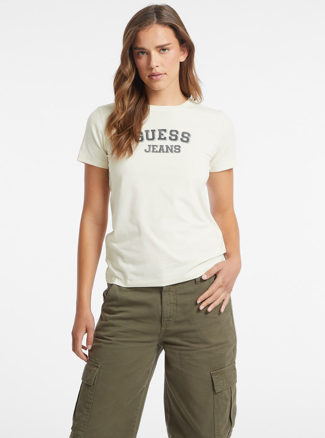 Guess Jeans Beige Bicolour Logo T-Shirt