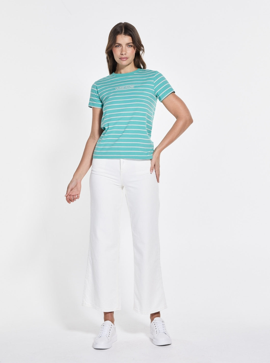 Guess Jeans Green Striped Script T-Shirt W4BI53KCIE1 Full View