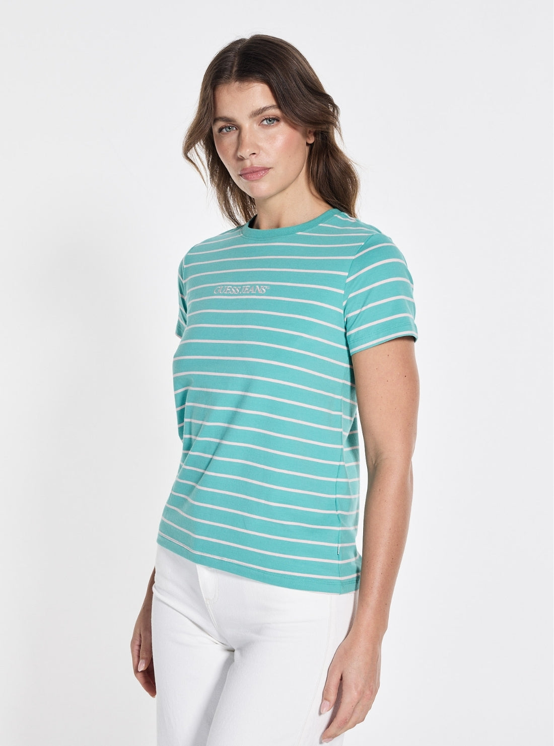 Guess Jeans Green Striped Script T-Shirt W4BI53KCIE1 Front Side View