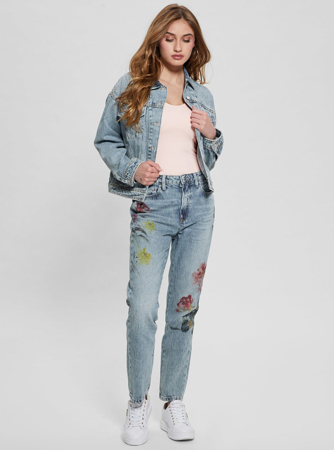 GUESS Mid-Rise Girly Straight Leg Denim Jeans in Mid-Wash full view