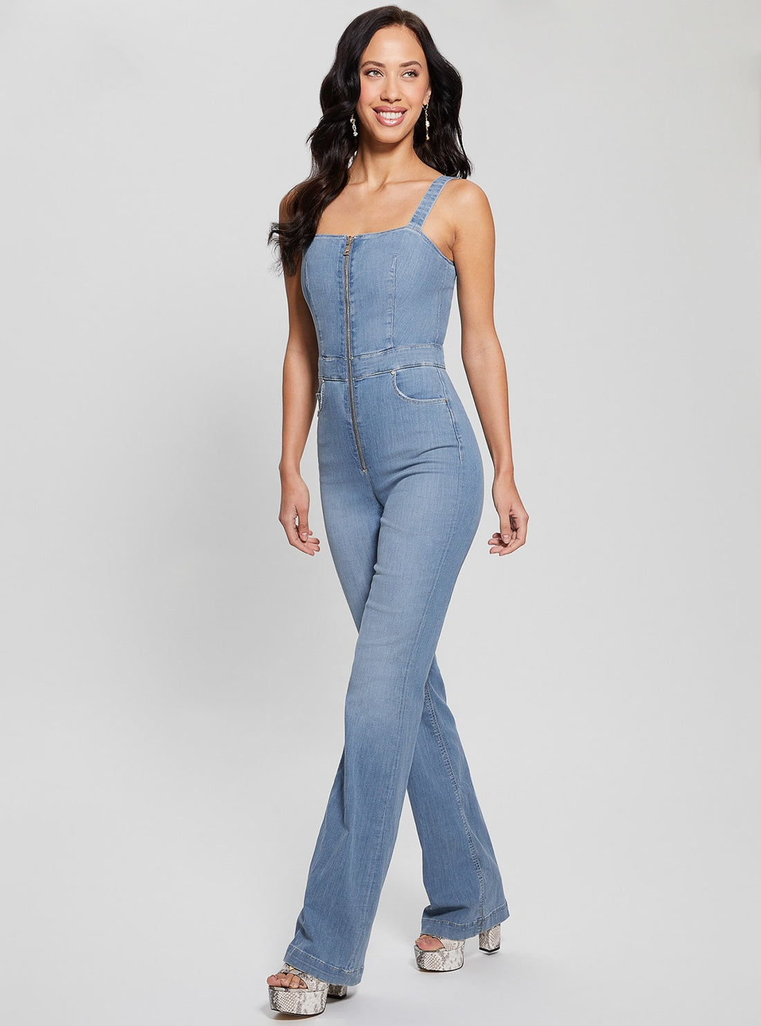 GUESS Blue Denim Mariposa Jumpsuit front view