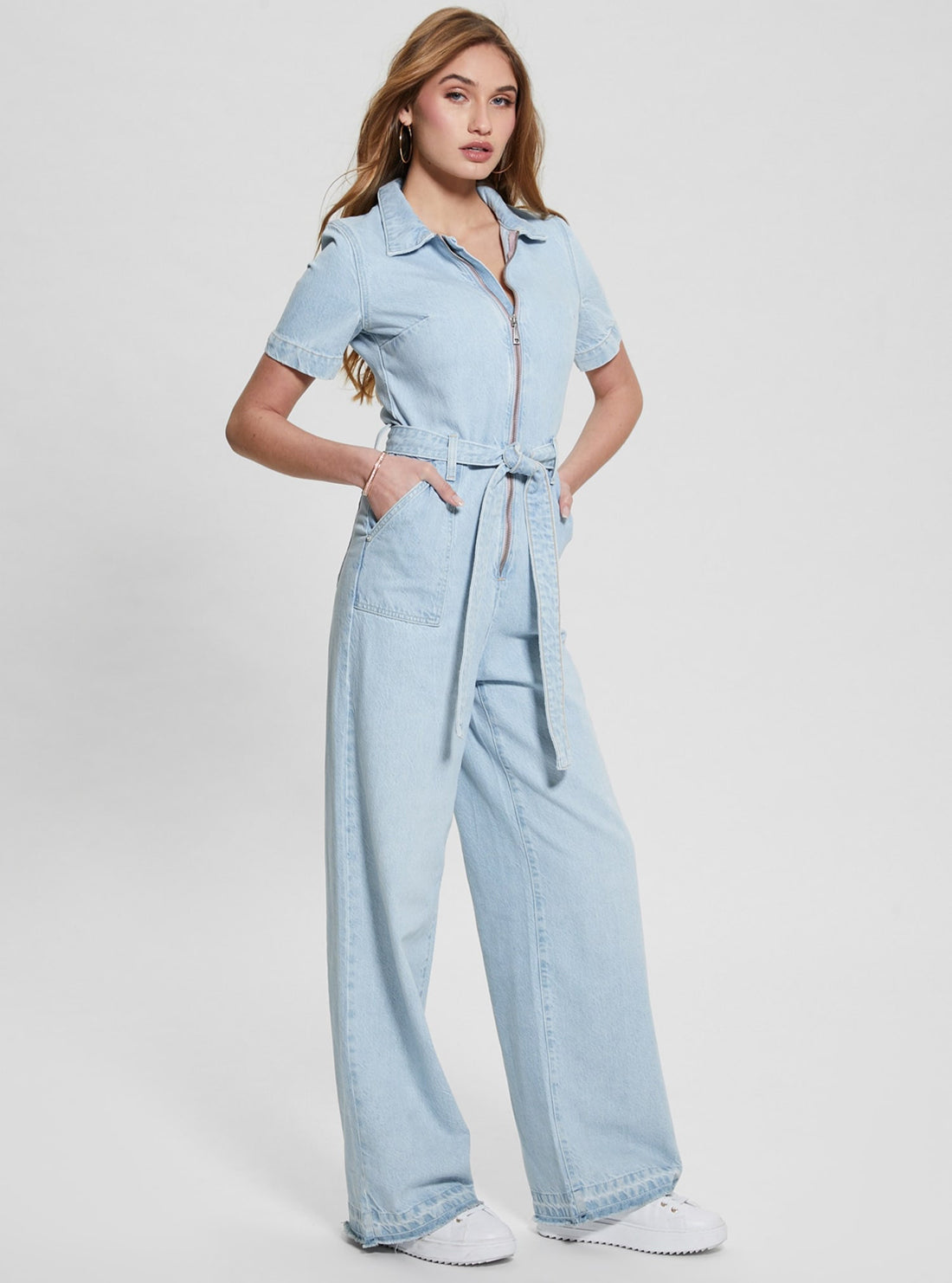 GUESS Light Wash Blue Denim Brenda Jumpsuit front view