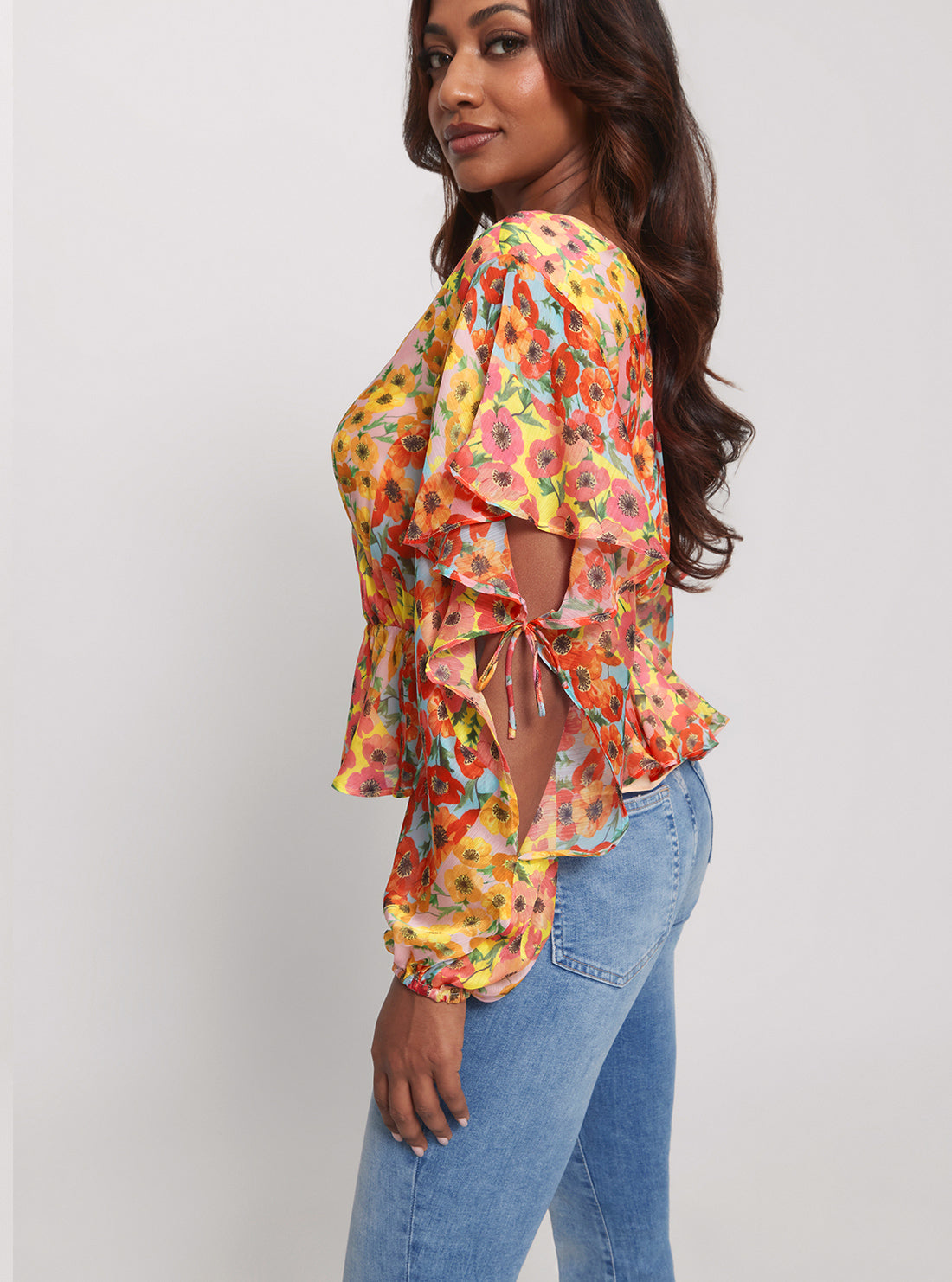 GUESS Eco Floral Print Saskika Drapy Top side view