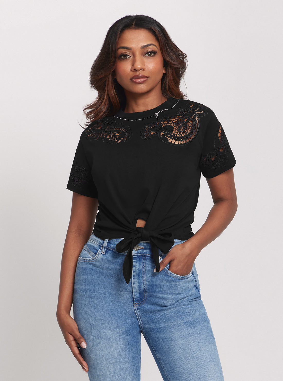 GUESS Eco Black Anjour Lace T-Shirt front view