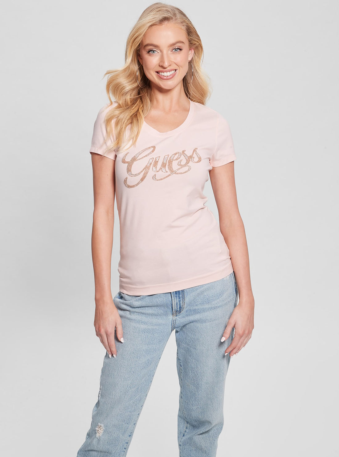 GUESS Pink Script Logo T-Shirt front view