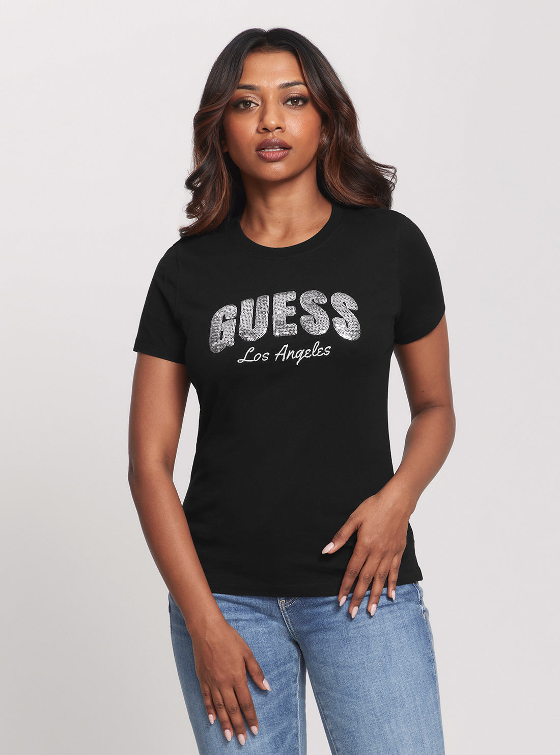 GUESS Eco Black Sequins Logo T-Shirt front view